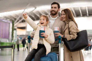 Una familia feliz de tres miembros, con una niña pequeña sentada en una maleta, señalando emocionada hacia adelante en un terminal aéreo.